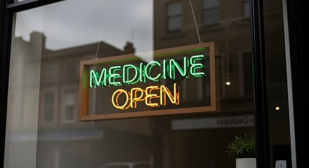 Obraz premium Medicine Open Sign in a Window Displaying a Pharmacy Business