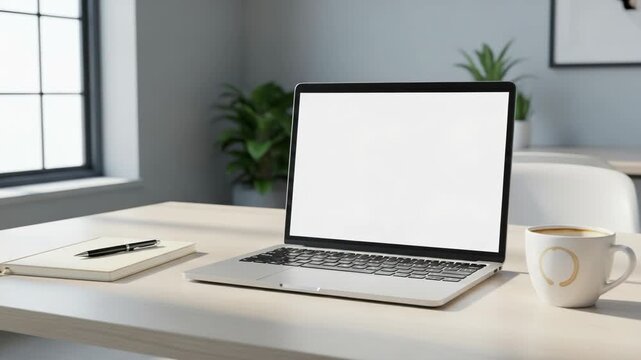 A laptop sits on a desk with a notebook, pen, and coffee. A window and plant are in background