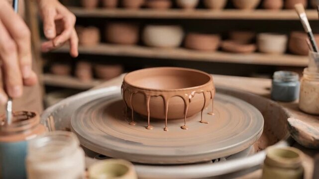 Glaze brush detailing a shaped clay bowl on the wheel with blurred drying shelves and assorted glazes softly framing the intimate moment of ceramic crafting.