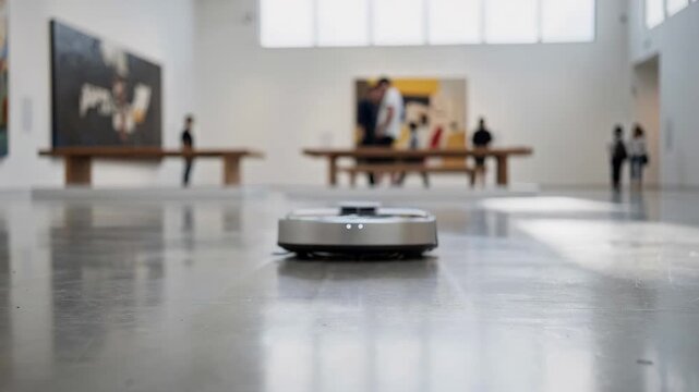 Quiet focused medium shot of a small robotic cleaner maintaining spotless floors in a modern gallery robot edges sharp with blurred visitors benches and art pieces in soft