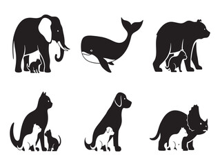 Silhouettes of animals and their young in various species © PNG_Vector Gallery