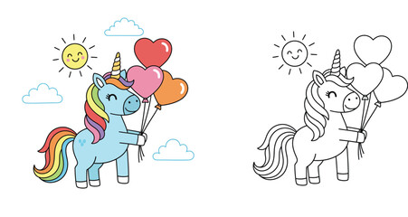 Fototapeta premium Cute Cartoon Unicorn Holding Heart Balloons with Rainbow Mane, Coloring Page and Colorful Vector Illustration for Kids Education Activity and Creative Fun