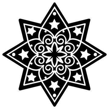 Black and white decorative eight point star with intricate symmetrical patterns