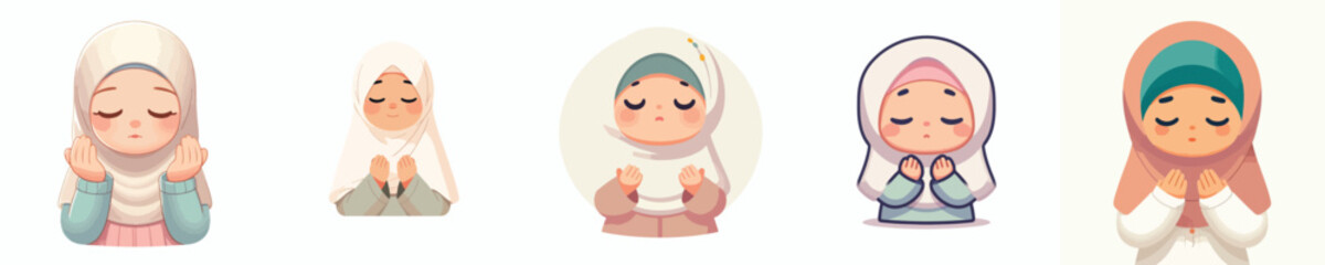vector half body of a little Muslim girl standing in a praying gesture front view