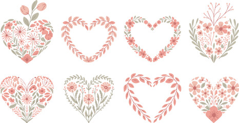 Floral heart illustration set, romantic botanical design pack, Valentine love artwork, wedding decoration graphic, nature-inspired vector, pink red green motif © Afjal