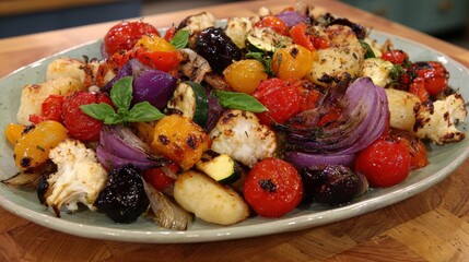 Assortment of roasted vegetables and pasta shapes presented on a light colored serving dish