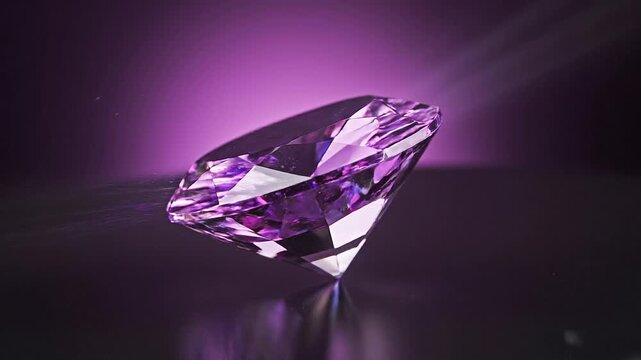 Rotating purple amethyst gemstone with brilliant sparkling light