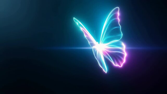Glowing neon butterfly flapping wings with cyan and magenta light trails on dark background