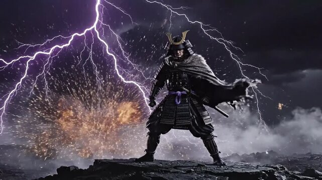 Powerful Samurai Warrior Stands Defiant Amidst a Dramatic Lightning Storm and Sparks - Symbol of Strength Courage and Ancient Japanese Tradition