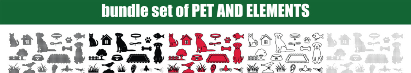 Silhouette, line art, outline, dot, dotted Collection of diverse pet related icons and graphic elements presented in a repeating pattern for creative design applications