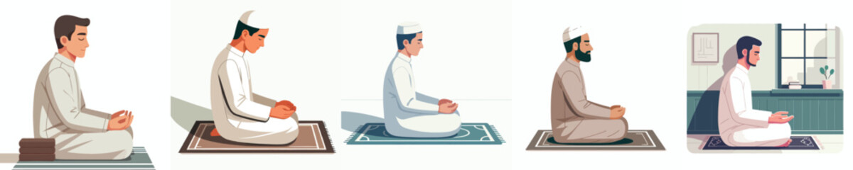 vector muslim man gesture sitting on prayer mat