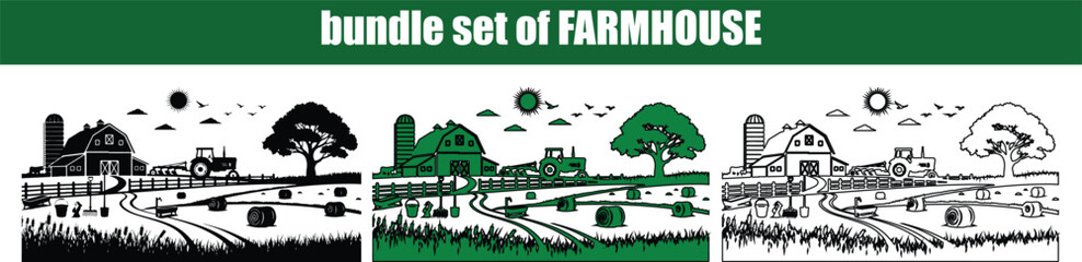 Silhouette, line art, outline, dot, dotted Collection of Farm Scenes Featuring Barns Tractors Silos Trees and Hay Bales in Different Styles