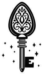 Elegant Antique Key with Decorative Elements in Black and White and Sparkle Accents