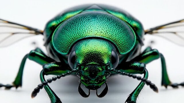 Iridescent beetle in extreme closeup showing green exoskeleton texture