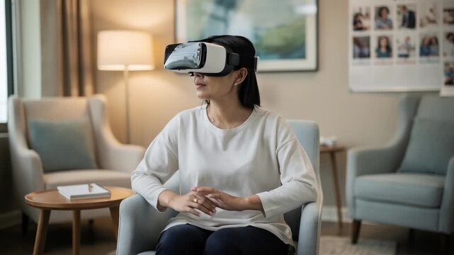 Single user in a medium shot VR headset sharply detailed against a softly blurred calming room designed for memory support and therapy sessions.