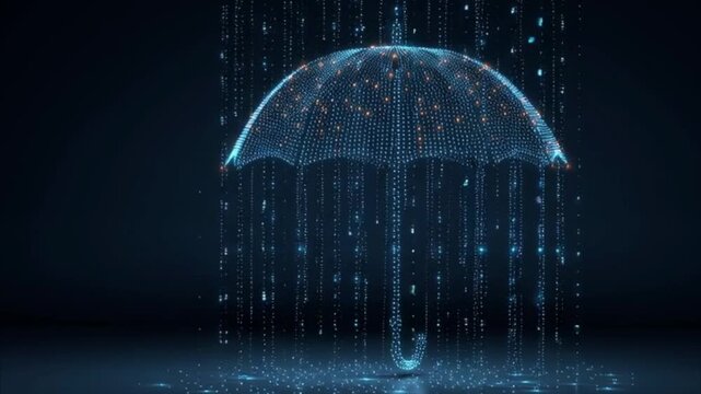 Glowing umbrella protects from cascading digital raindrops abstract conceptual visualization against a dark backdrop resilience metaphor technology illustration