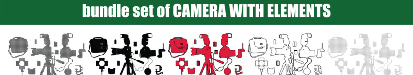 Silhouette, line art, outline, dot, dotted Collection of stylized photography equipment and accessories in silhouette and red color variations for creative projects