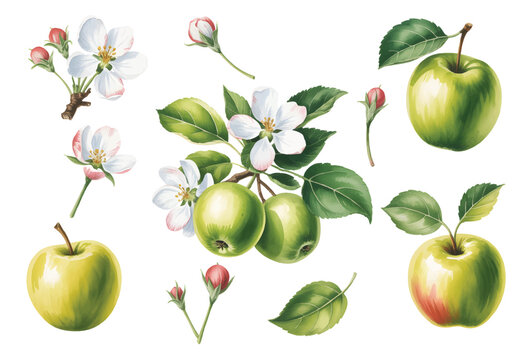 Fresh green apples and apple flowers in natural watercolor style. Botanical green apple fruits.
