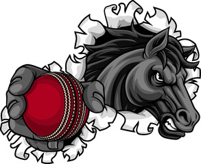 Fototapeta premium Horse mustang bronco stallion cricket angry sports team mascot holding a ball.