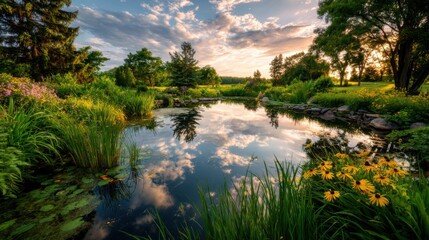 Fototapeta premium a serene pond, surrounded by wildflowers and lush greenery, reflects the sky at sunset in an organic garden setting 