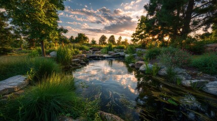 a serene pond, surrounded by wildflowers and lush greenery, reflects the sky at sunset in an organic garden setting
