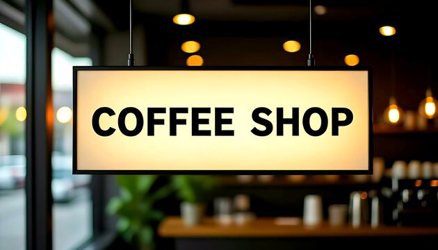 A rectangular hanging LED lightbox sign with letters "COFFEE SHOP" suspended from a dark ceiling by metal rods against blurred interior cafe lighting in the background