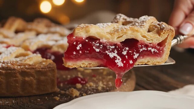 Delicious cherry pie slice being served, dusted with powdered sugar
