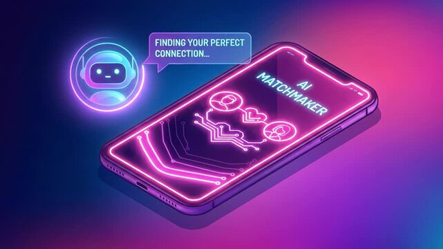 Ai matchmaker mobile smartphone dating neon gradient glowing cyber technology romance chatbot app screen interface hologram virtual connection modern love couple digital heart online colorful glow