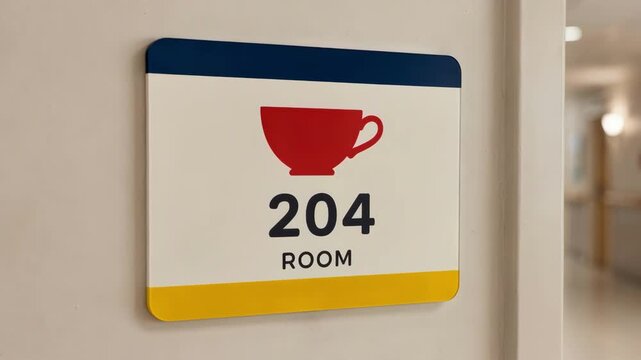 Closeup medium shot of a door marker featuring clear contrasting icons and color codes to help dementia residents identify their rooms with the hallway gently out of focus.