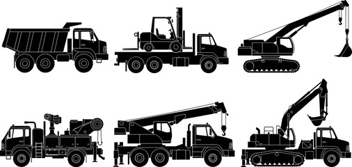 Heavy construction truck silhouette collection with dump truck crane forklift excavator and lifting machinery, industrial transport equipment illustration isolated on white background © Yeasin