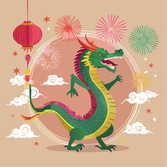 Chinese New Year Illustration with Dragon, Lanterns, and Fireworks