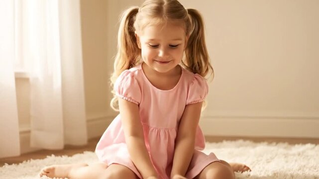 Little cute girl playing shyly and looking down on a fluffy carpet in a bright room, concept of childhood and innocence