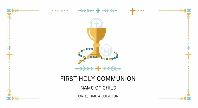 A First Communion invitation with religious symbols and space for info