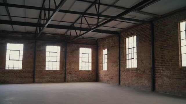 Spacious empty industrial loft with brick walls and large windows