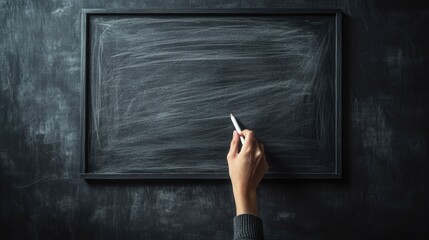 Hand Holding White Chalk on Empty Black Chalkboard Surface Ready for Messages, Drawings, or Educational Content Creation in Classroom or Studio Environment