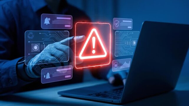 Cyber security data protection warning alert hacker laptop internet network digital risk computer crime online threat security alert network safety hooded hacker touches glowing red warning symbol