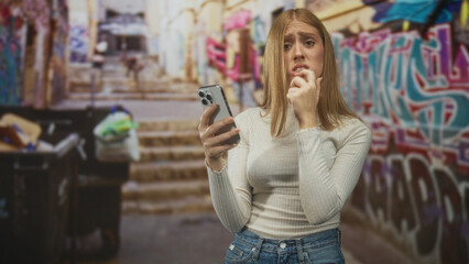 Fototapeta premium Young redhead woman on street steps holding smartphone, biting finger with pensive gesture near graffiti covered wall and trash bins; concern uncertainty.