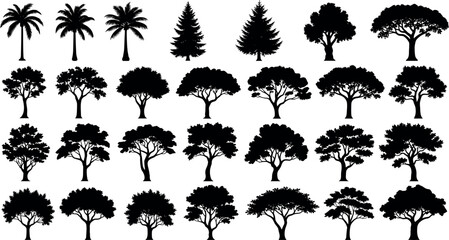 Large tree silhouette collection featuring palm, evergreen and deciduous species in bold black style, natural botanical elements for landscape design, urban planning and vector projects © Yeasin