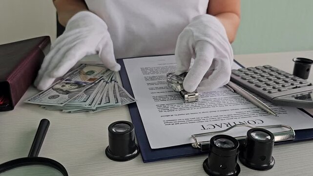 Inspecting a watch with cash and documents on a table in an office setting in the daytime
