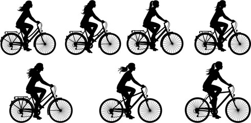 Naklejka premium Silhouette set of women riding bicycles, female cyclists commuting and exercising, black vector icons of girl on bike for transport