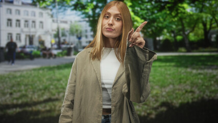 Fototapeta premium Woman shifting from shushing to pointing finger at camera in front of building, wearing beige jacket and white crop top, urban park lawn behind; firm warning.