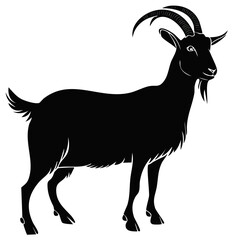 Fototapeta premium Simple black silhouette of a domestic goat standing in profile view. Vector farm animal illustration.