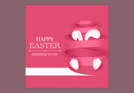 Editable Happy Easter Greeting Card Post with Bunny Wrapped in Ribbon Illustration and Goodness to You Message in White and Pink Theme for Social Media.