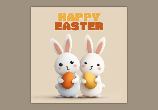 Editable Happy Easter Greeting Social Media Post with Cute Bunnies Holding Eggs on Beige Background.