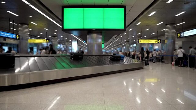 Airport Baggage Claim. Night City & LED Billboard. Travel Infrastructure. A large overhead rectangular digital screen with a green screen face, set in a busy international airport baggage claim area

