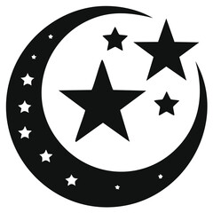 Obraz premium Silhouette illustration of a crescent moon and stars in dark monochrome