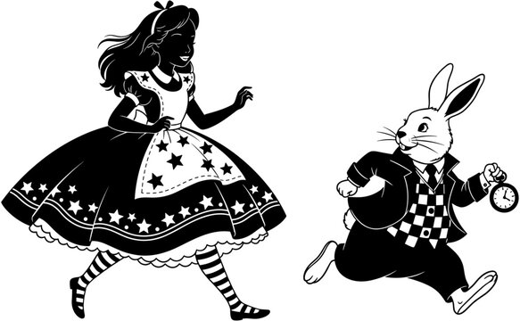 Alice in Wonderland silhouette chasing white rabbit with pocket watch, whimsical fairy tale storybook illustration for children fantasy theme.
