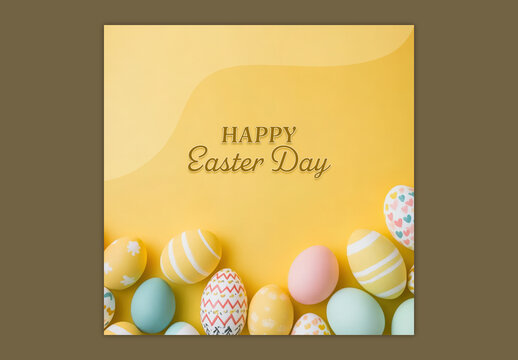 Editable Happy Easter Day Greeting Social Media Post with Colorful Painted Eggs Decorated on Yellow Background.