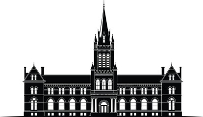 Fototapeta premium Historic building silhouette, ornate architecture illustration, university courthouse design, government structure graphic, symmetrical tower icon, black and white artwork