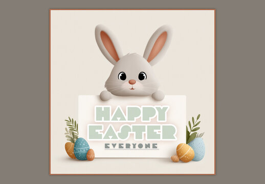 Editable Social Media Post with Cute Bunny Holding a Happy Easter Message Card and Painted Eggs on White Background.
